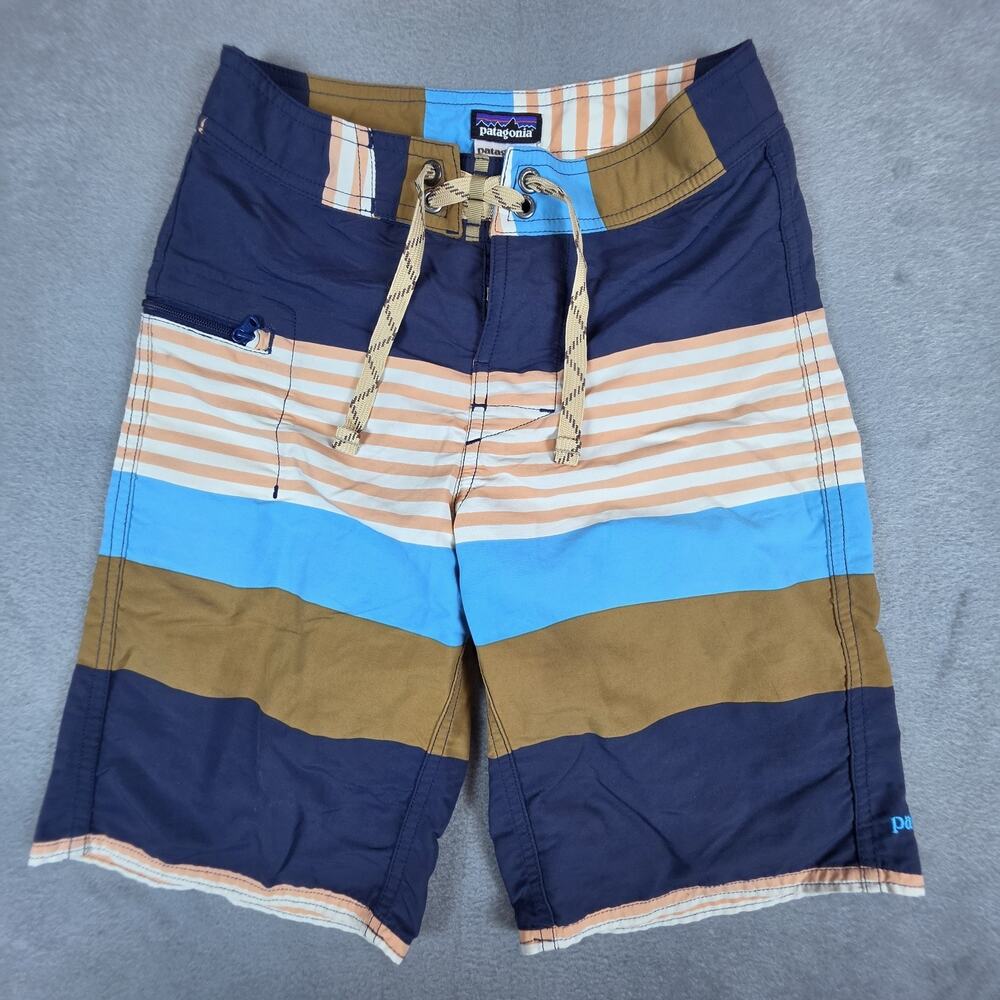 Patagonia Boys 8 Board Shorts Swim Trunks Striped Surf Beach Blue Nylon